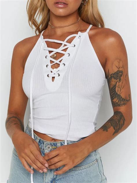 White Cami Top Lace Up Cotton Sexy Camis For Women
