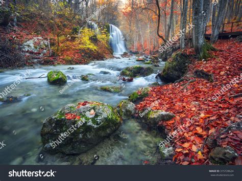 Beautiful Waterfall Autumn Forest Crimean Mountains Stock