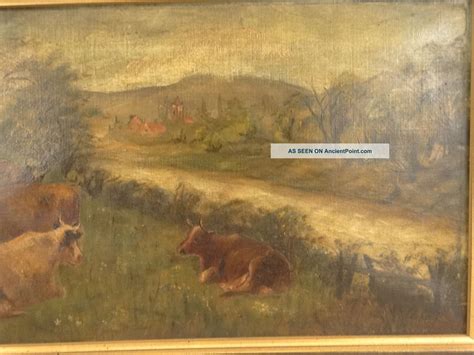 Antique 19thc Primitive Cattle In River Valley Landscape Cow Folk Art