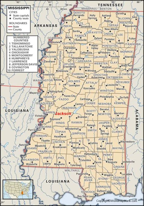 Labeled Map Of Mississippi With Capital And Cities