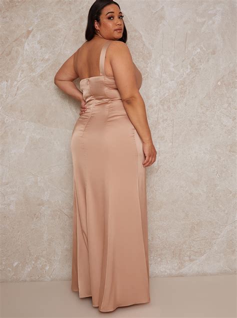 Plus Size One Shoulder Satin Finish Maxi Dress In Champagne Chi Chi