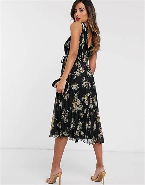 Asos Design Wrap Bodice Midi Dress With Tie Waist And Pleat Skirt In
