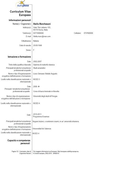 Esempio Modello Curriculum Vitae Europeo Da Compilare