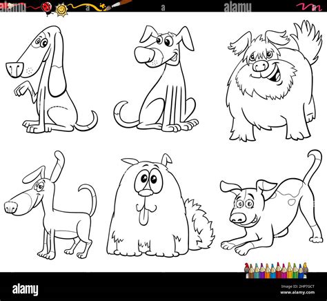 Cartoon Dogs Animal Characters Set Coloring Book Page Stock Vector