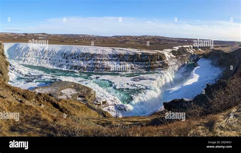 Gullfoss Waterfall During Winter Located On The Hvítá River South West