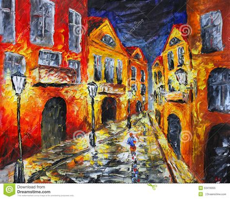 Lonely Rainy Night Street Original Oil Painting On Canvas Stock