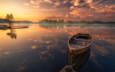 3840x2400 Boat In Silent Lake Nature Sunset 4k Hd 4k Wallpapers Images