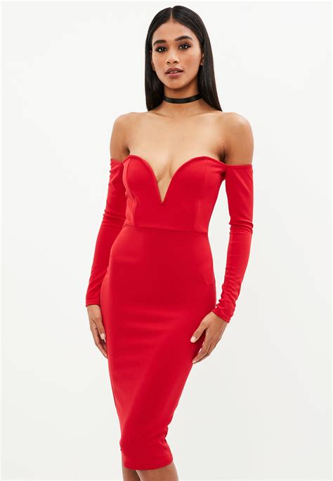 Lyst Missguided Red V Bar Bardot Dress In Red