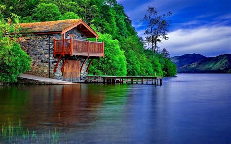 Stone House On The Shore Of The Lake Wooden Terrace Wooden Dock Port