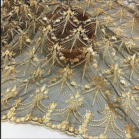 Gold Thread Black Mesh Lace Fabric Yellow Gold Embroidery Polyester