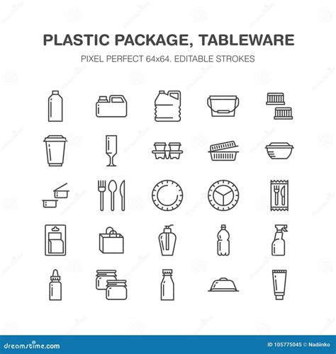 Plastic Packaging Disposable Tableware Line Icons Product Packs