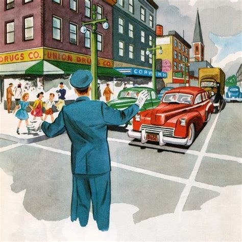 traffic cop directing traffic at a crosswalk c 1950 screen print giclee print american