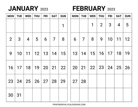 January February 2023 Calendar Template Two Month Free Printable