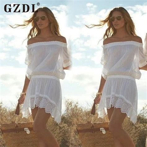 Gzdl Women Strapless Off Shoulder Dresses Crochet White Sexy Casual Loose Chiffon Sheer Summer