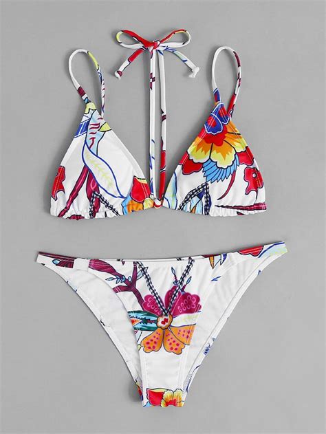 Flower Print Halter Strap Triangle Bikini Set Sheinsheinside Bikinis Stylish Swimwear