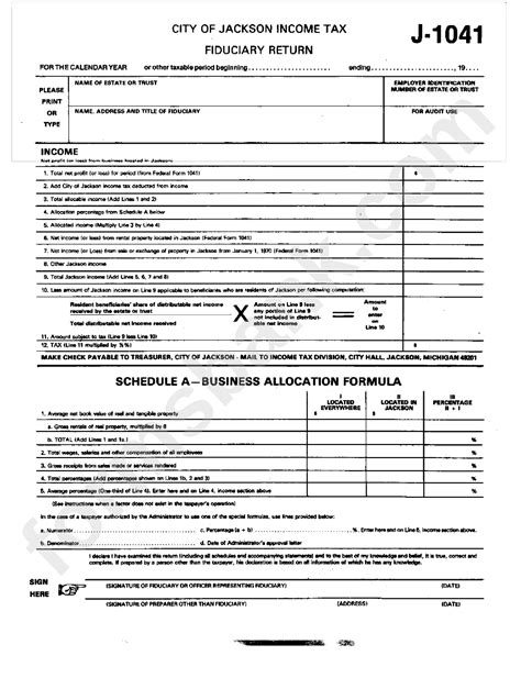 Form J 1041 City Of Jackson Income Tax Fiduciary Return Printable Pdf