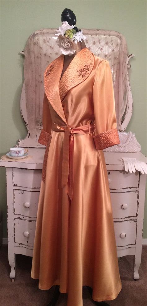 40s 50s Peach Gold Robe Liquid Satin Robe Vintage Dressing Gown