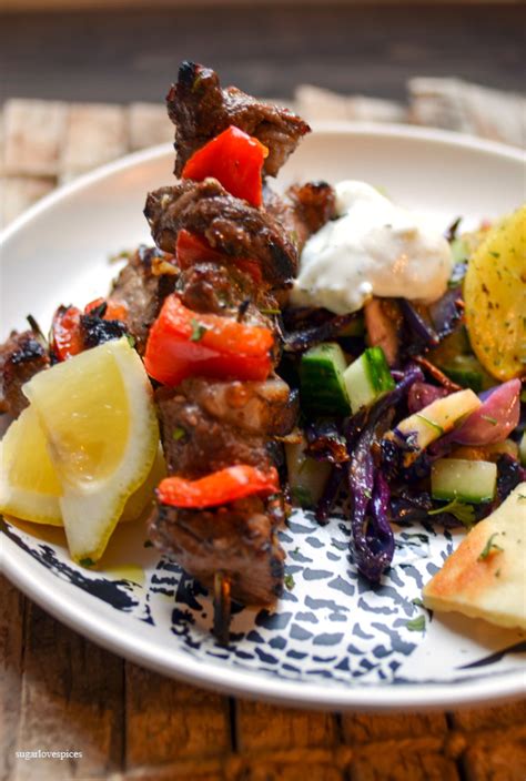 Beef Souvlaki With Greek Potatoes And Purple Cabbage And Feta Salad