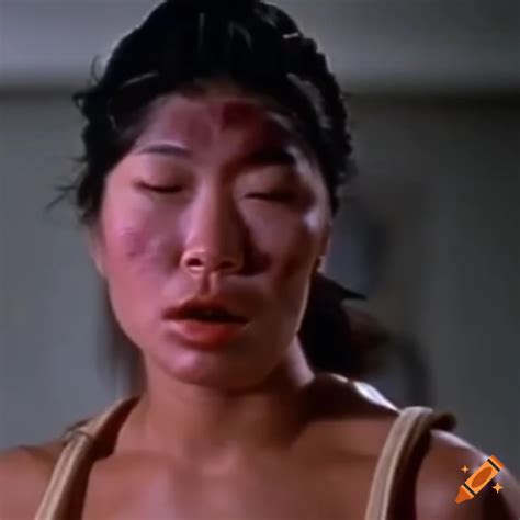 asian american woman martial arts fighter in 80s movie scene with bruised face on craiyon