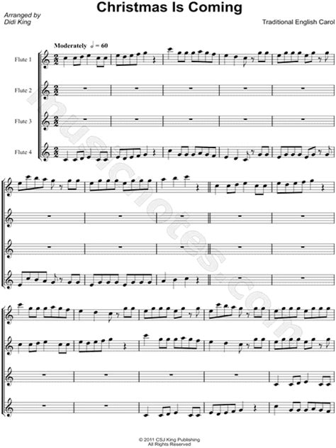 Traditional English Carol Christmas Is Coming Flute Quartet Score