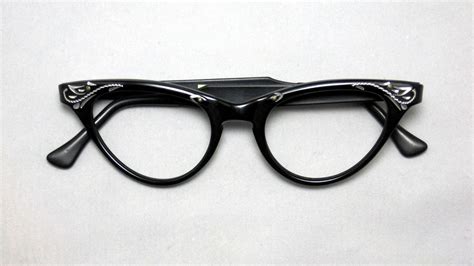 vintage cat eye glasses frames black and silver with etched