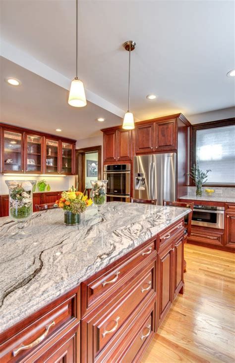 Viscont White Granite Countertops With Cherry Cabinets Kitchen Cabinets Light Wood Kitchen