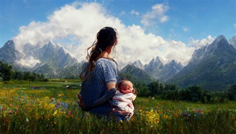 Mom Holding Up Baby Girl Beautiful Meadow Mountains Midjourney