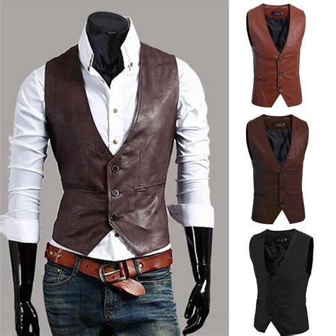 Zogaa Men S Slim Vest Sleeveless Jacket Casual Pu Leather Vests Button