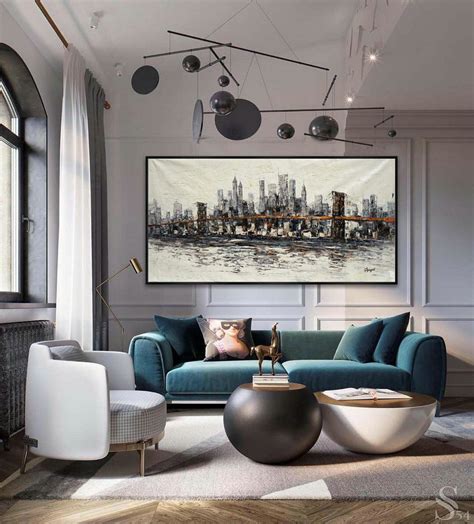 Extra Large Panoramic Modern Abstract Wall Art Hand Painted Gray And