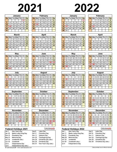 Two Year Calendar 2021 And 2022 Printable