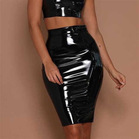 2018 Fashion Women High Slim Waist Faux Patent Leather Skirt Sexy Black Red Club Bodycon Female
