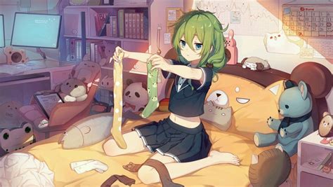 Feet Anime Girls Anime Socks Indoors Room Toys Green Hair Barefoot In Bed Blue Eyes