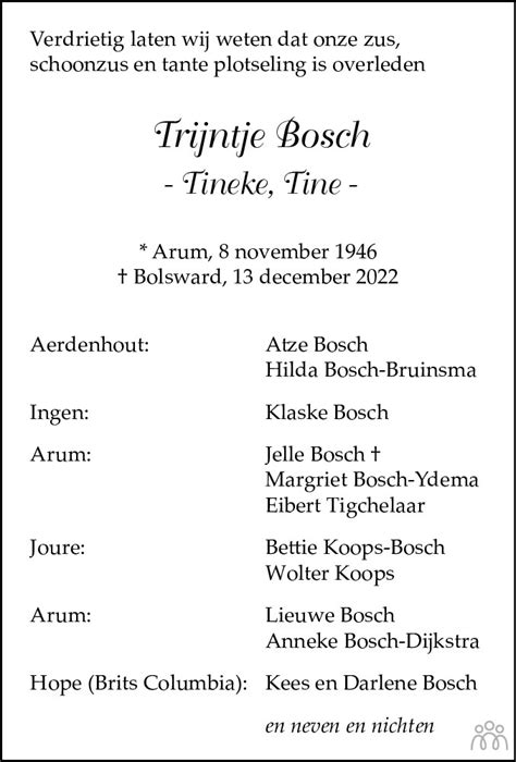 Trijntje Tineke Tine Bosch 13 12 2022 Overlijdensbericht En