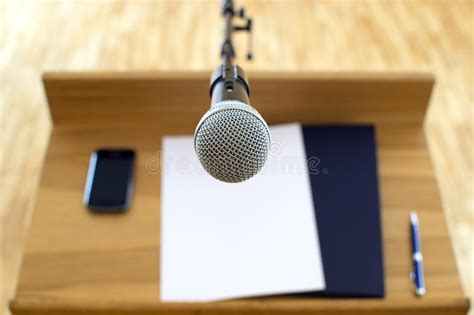 Speech Podium And Microphone In Front Of Speaker Stock Photo Image Of