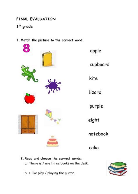 English worksheets and quizzes for grade one students, learn parts of speech with our interesting interactive study guide, all the study guide has voice over for better understanding of the language. Final Evaluation 1st grade worksheet