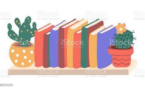 Colorful Books And Cacti Are On The Shelf Stock Illustration Download