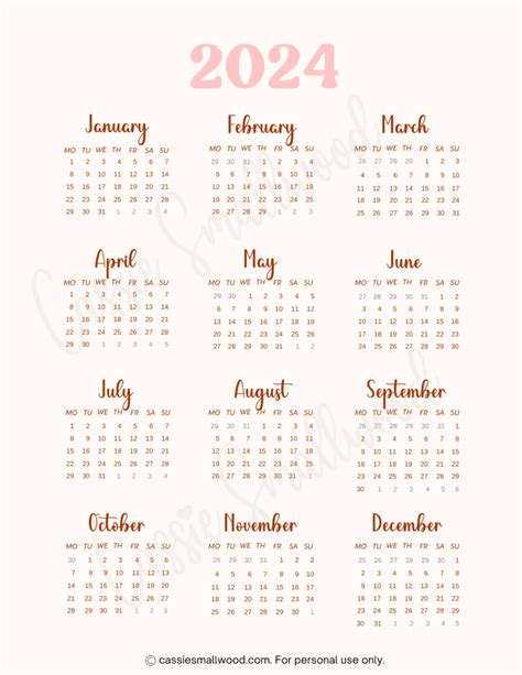 Cute Free Printable Monthly Calendar 2024 Cassie Smallwood