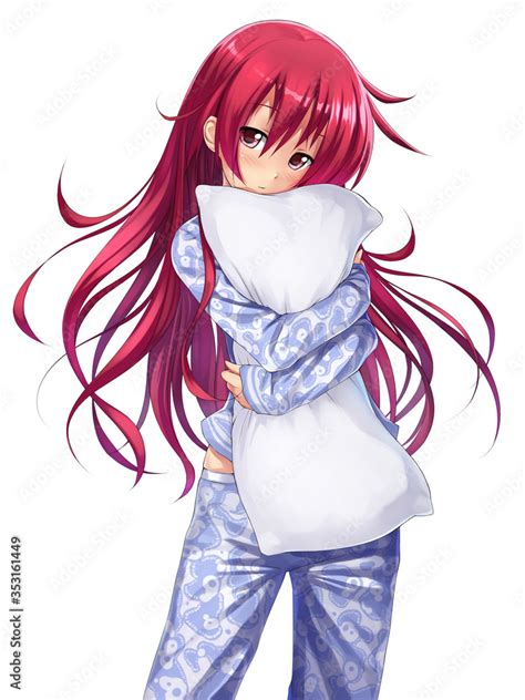 Cute Anime Girl In Pajama Hugging A Pillow Stock Illustration Adobe Stock