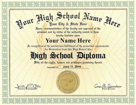 High School Diploma Custom Printed With Your Info Premium Quality