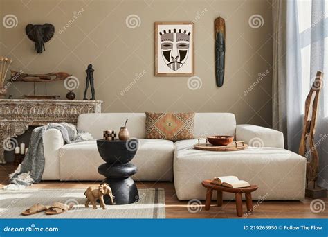 Stylish Ethnic Living Room Interior With Design Sofa Wooden Stool