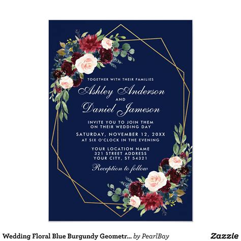 Wedding Floral Blue Burgundy Geometric Gold Frame Invitation Zazzle