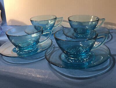 Vtg Hazel Atlas Capri Aqua Blue Glass Teacups Saucers Setting For