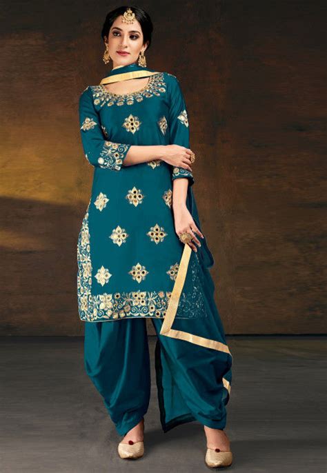 Embroidered Art Silk Punjabi Suit In Teal Blue Kch6978
