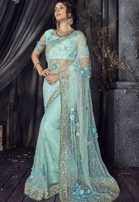 Buy Sky Blue Color Net Designer Party Wear Saree In Uk Usa And Canada