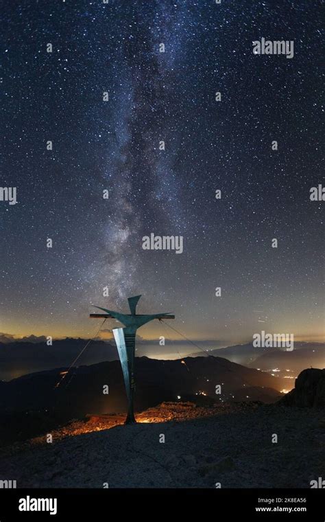 Night Landscape With Starry Sky Milky Way Summit Cross Of Hochkönig