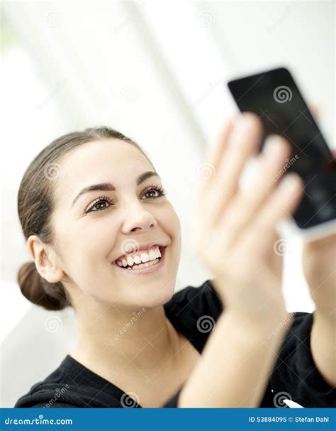 close up of woman taking selfie stock image image of woman grinning 53884095