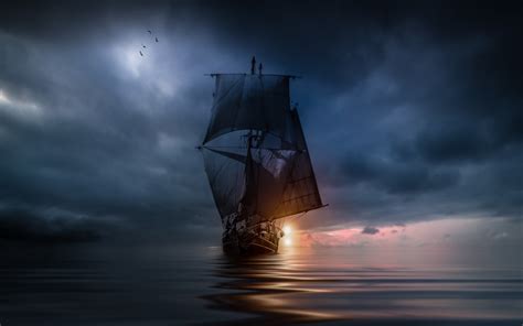 Wallpaper Landscape Sailing Ship Birds Sunset Sea Night Water