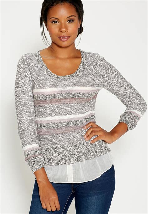 Marled Sweater With Stripes And Chiffon Hem Denim