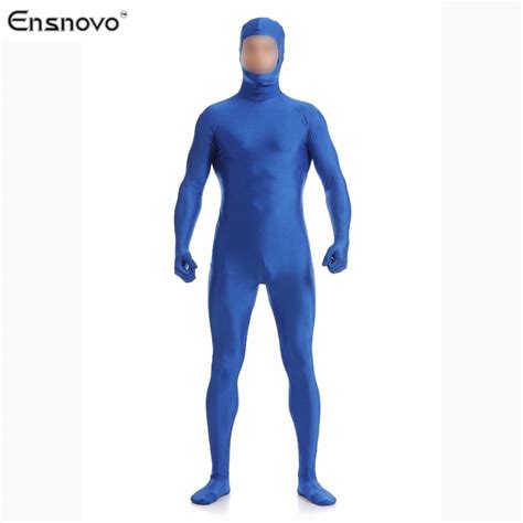 Ensnovo Mens Blue Nylon Bodysuit Lycra Spandex Full Body Face Open