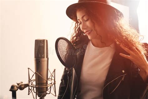 Pretty Female Singer Recording In Music Studio Stock Image Image Of